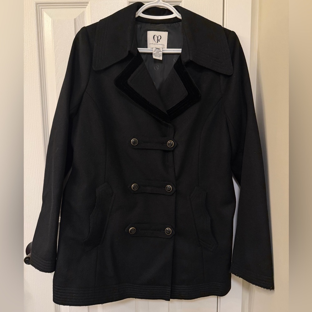 Charlotte Ronson Wool-Blend Black Double-Breasted Velvet-Trim Peacoat